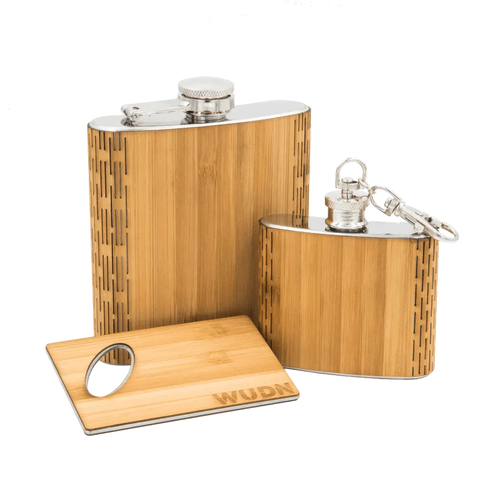 3-Piece Wooden Flask Set (6 oz. Hip Flask, 2 oz. Keychain Flask, Credit Card Bottle Opener)