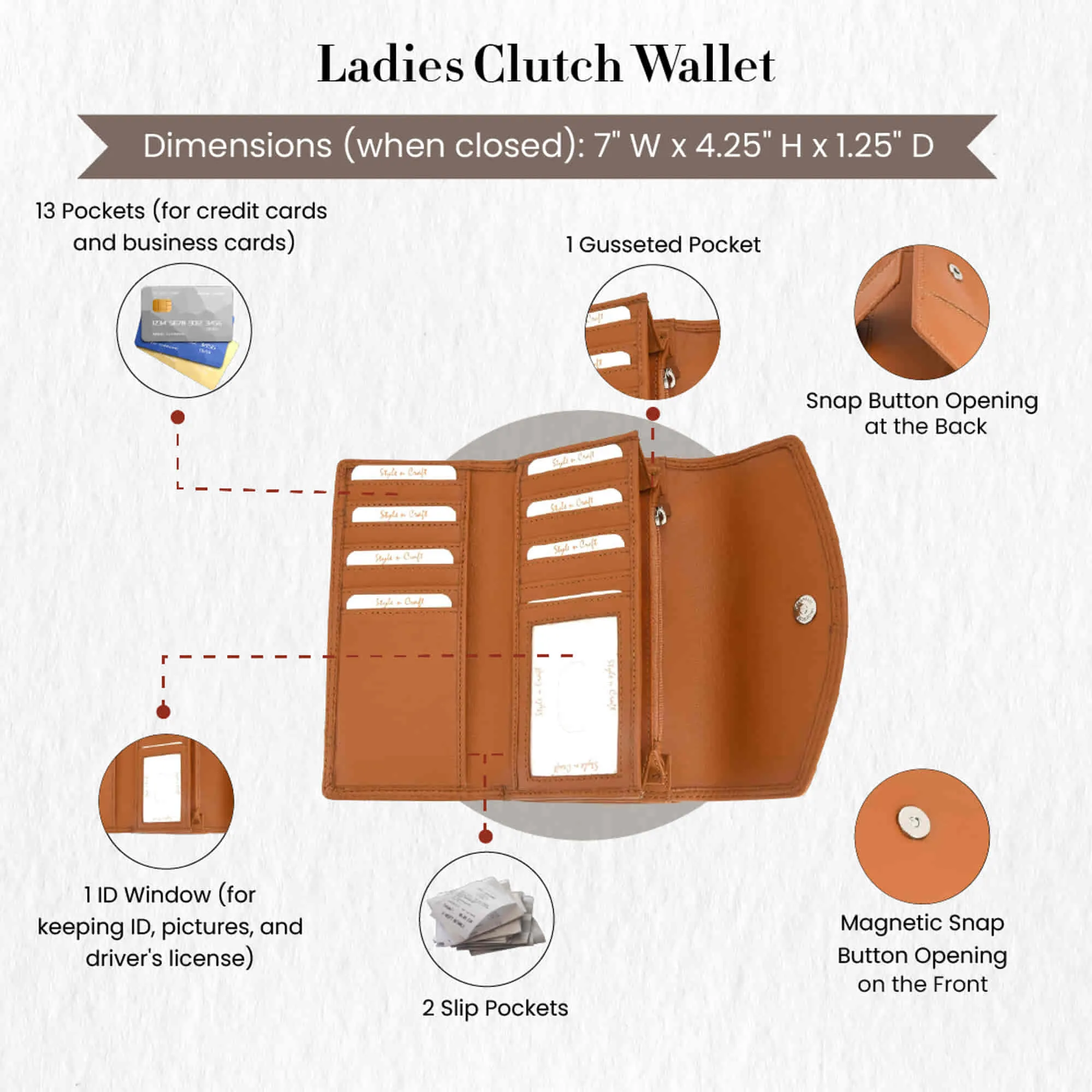 300954-CG Ladies Clutch Wallet in Tan Leather | Style n Craft