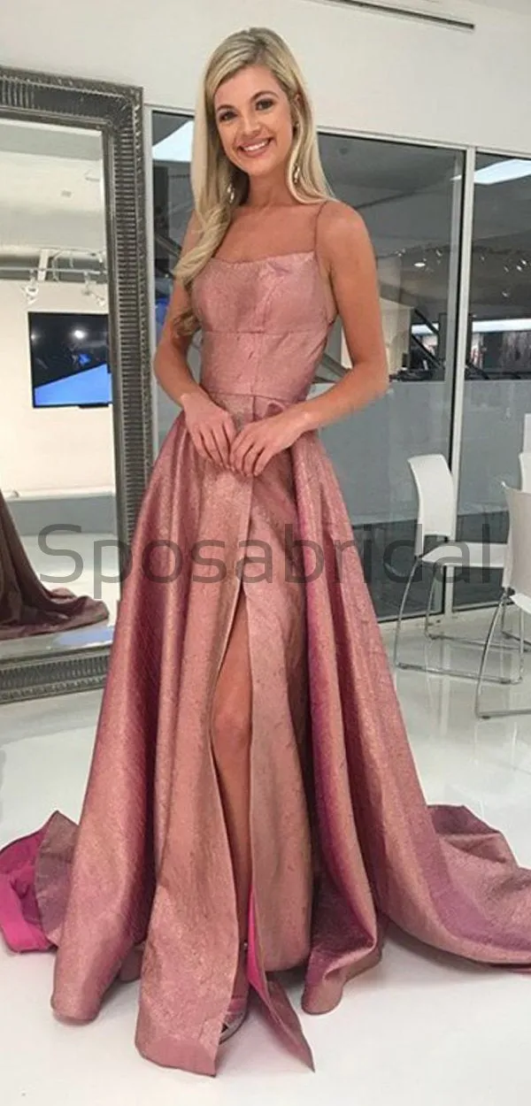 A-line Spagheti Straps Simple Sparkly Formal Long Modest Prom Dresses PD1608