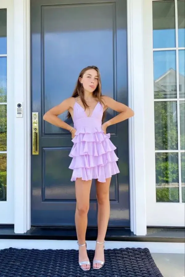 A Line V Neck Light Lavender Short Homecoming Dress Layered Cute Graduation Dress APH0238