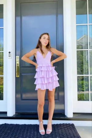 A Line V Neck Light Lavender Short Homecoming Dress Layered Cute Graduation Dress APH0238