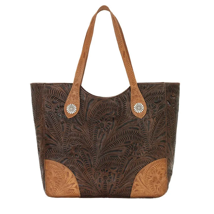 American West Handbag Annie's Secret Collection: Leather Zip Top Tote, Western Tooled