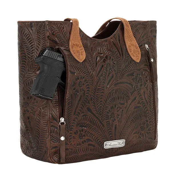 American West Handbag Annie's Secret Collection: Leather Zip Top Tote, Western Tooled