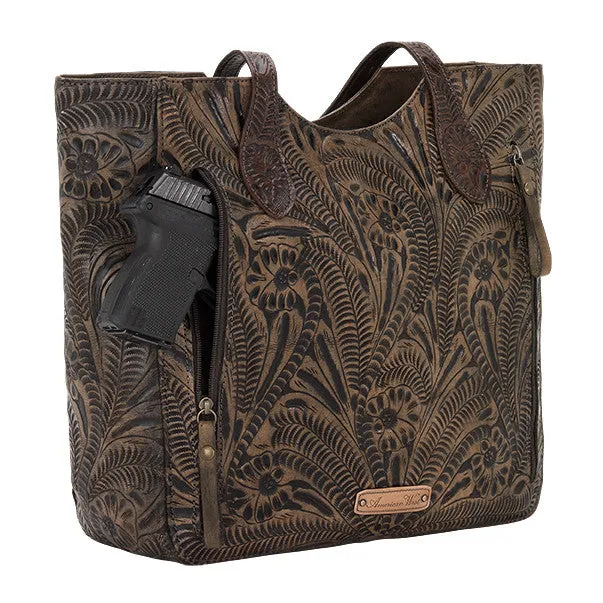 American West Handbag Annie's Secret Collection: Leather Zip Top Tote, Western Tooled