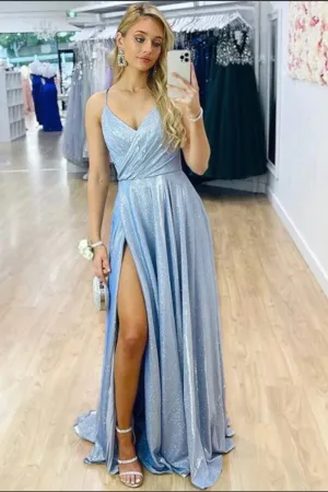 Anneprom Sparkly Light Blue A line V neck Prom Dresses With Side Slit, Evening Gown APP0629
