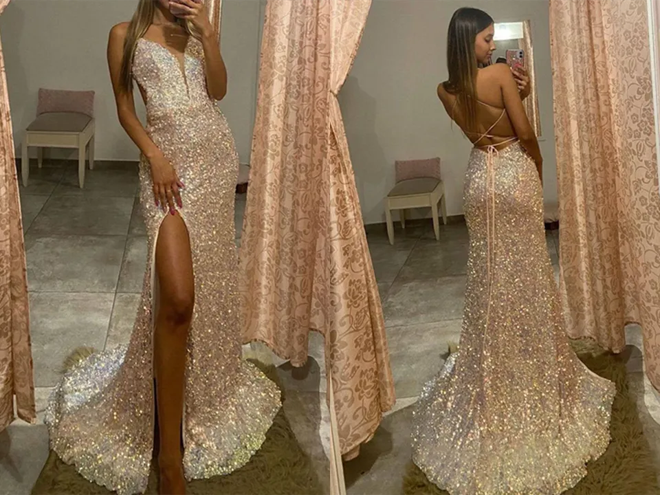 Anneprom Trumpet Mermaid Deep V Long Prom Dresses Sparkly Split Evening Dresses APP0507