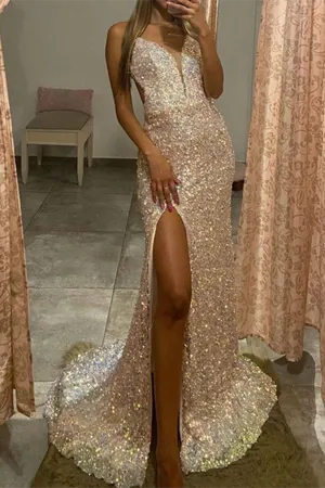 Anneprom Trumpet Mermaid Deep V Long Prom Dresses Sparkly Split Evening Dresses APP0507