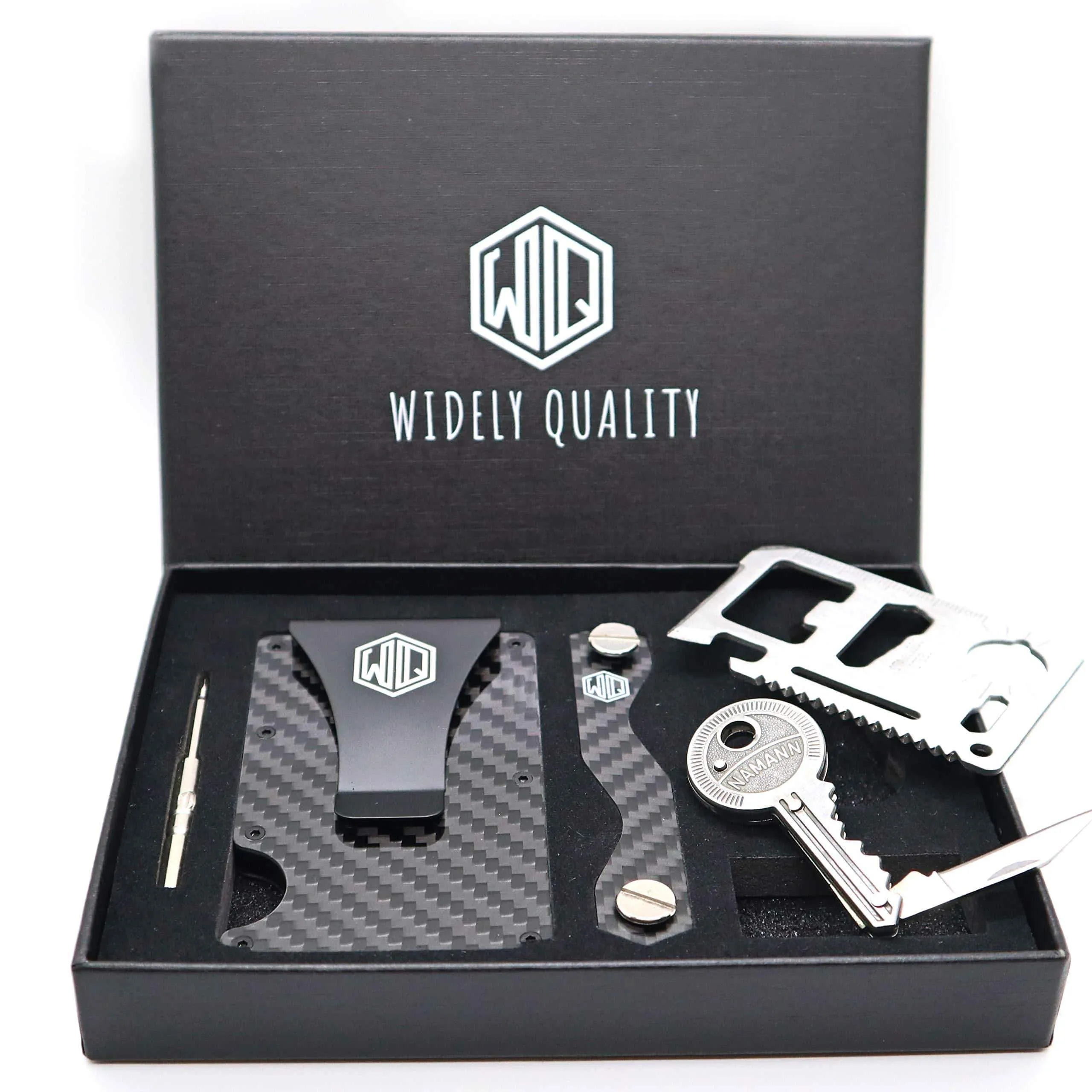Carbon Fiber Wallet Money Clip by Widely Quality - RFID Blocking - Complete Gift Set Including Key Holder Organizer - Minimalist - Card Holder with Smart Keychain - Slim and Compact - Lightweight