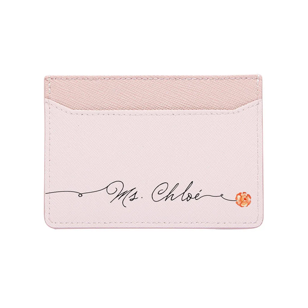 Card Holder - Pink Saffiano Leather - (Signature, red Rose)