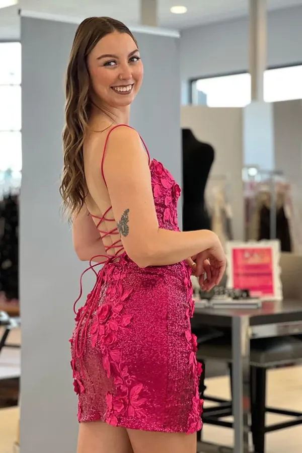 Chic Fuchsia Spaghetti Straps Appliques Sequins Short Homecoming Dresses APH0231