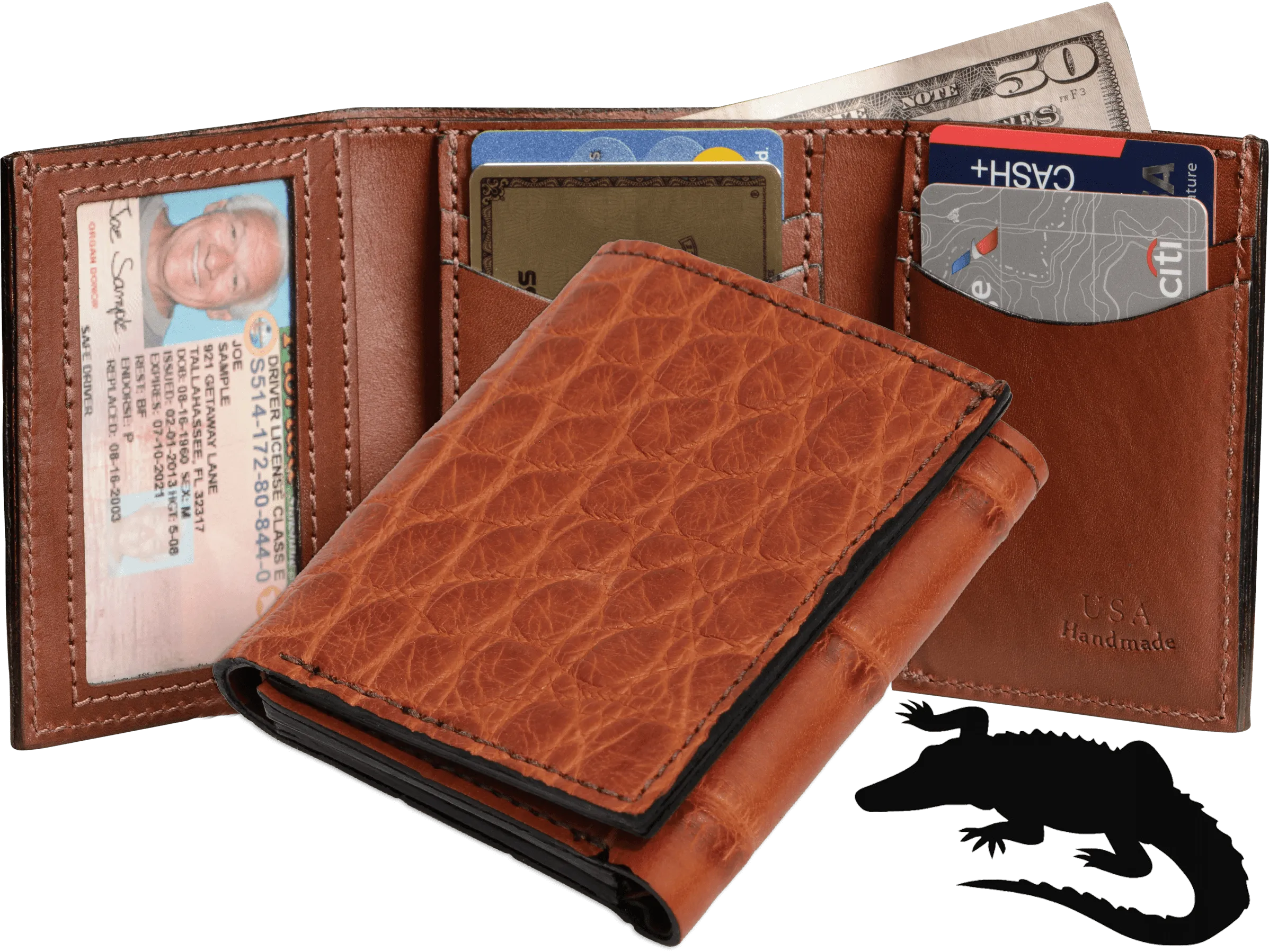 Cognac Alligator Luxury Designer Exotic Trifold Wallet With ID Window