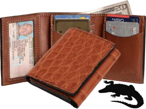 Cognac Alligator Luxury Designer Exotic Trifold Wallet With ID Window