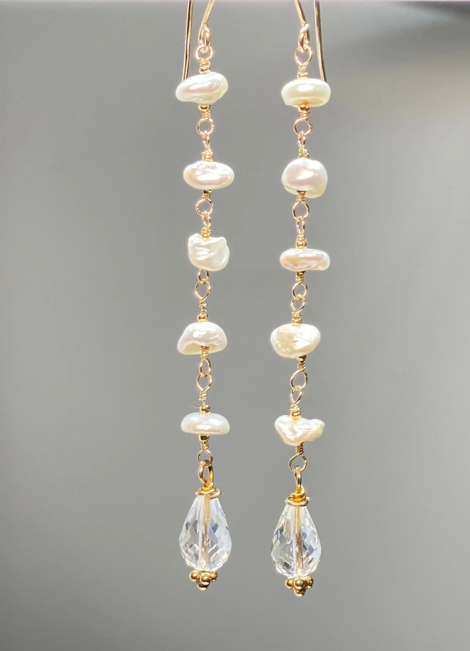 Crystal Quartz Dangle Earrings, Long Shoulder Duster Earrings with Keishi Pearls