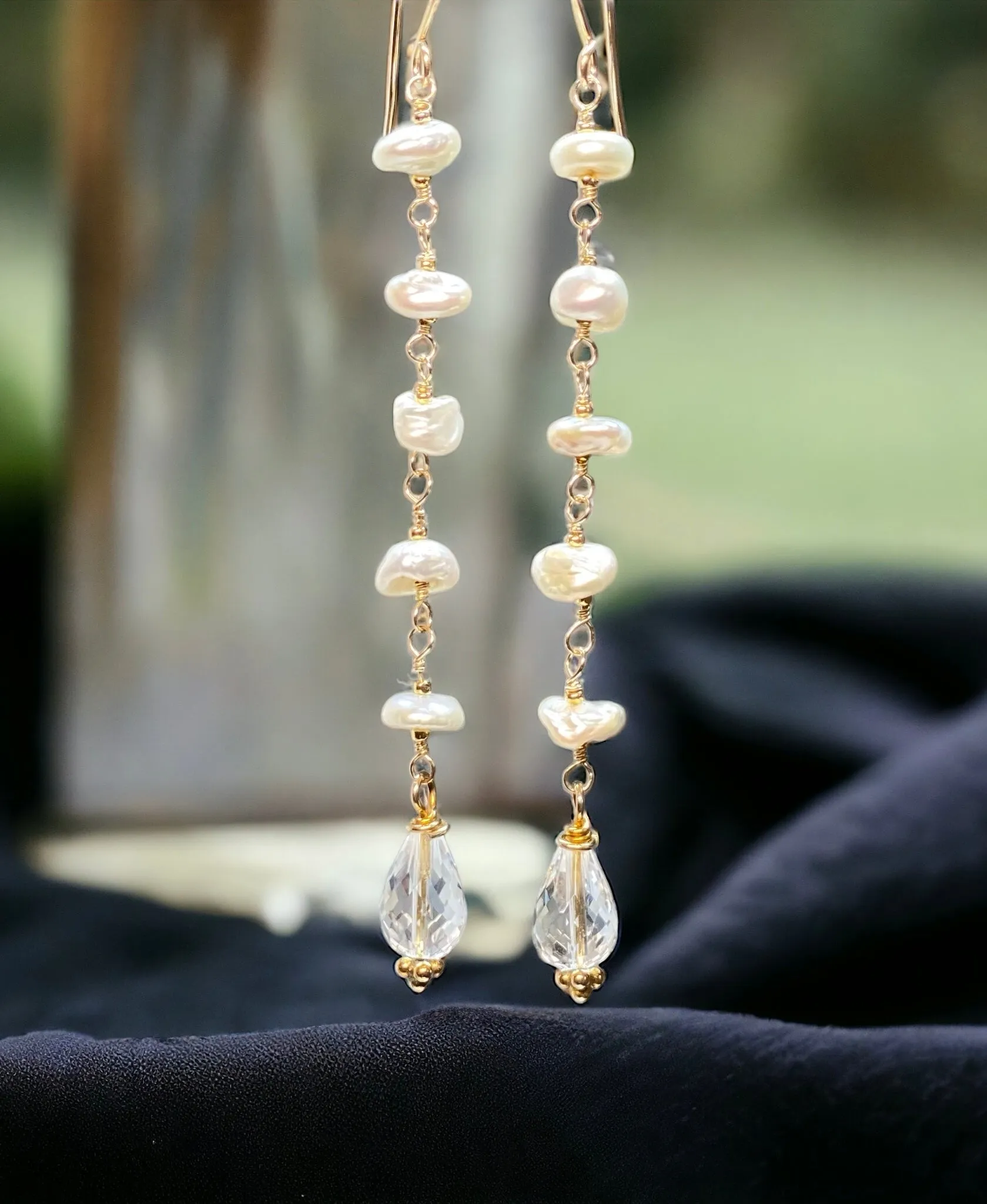 Crystal Quartz Dangle Earrings, Long Shoulder Duster Earrings with Keishi Pearls