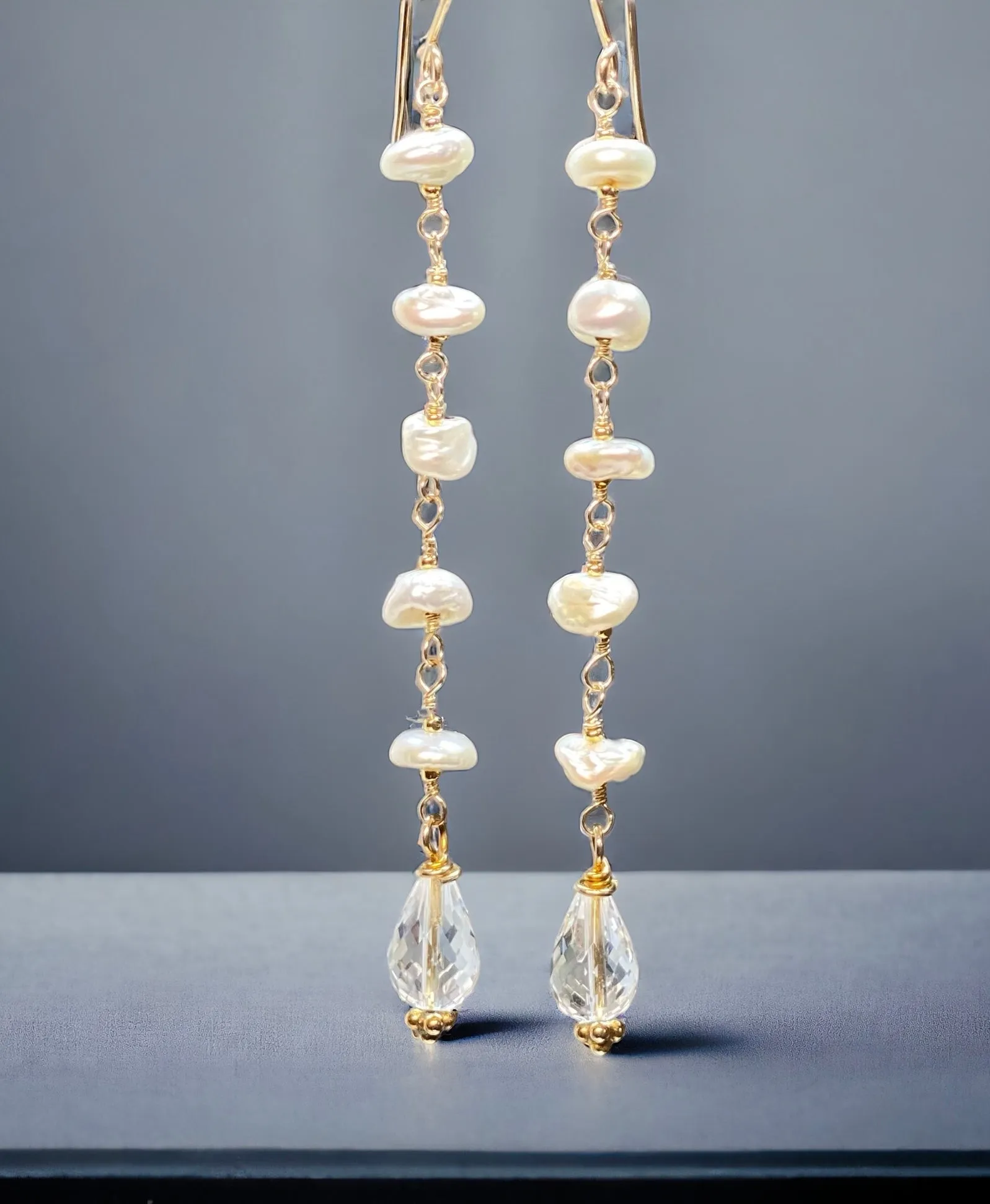 Crystal Quartz Dangle Earrings, Long Shoulder Duster Earrings with Keishi Pearls