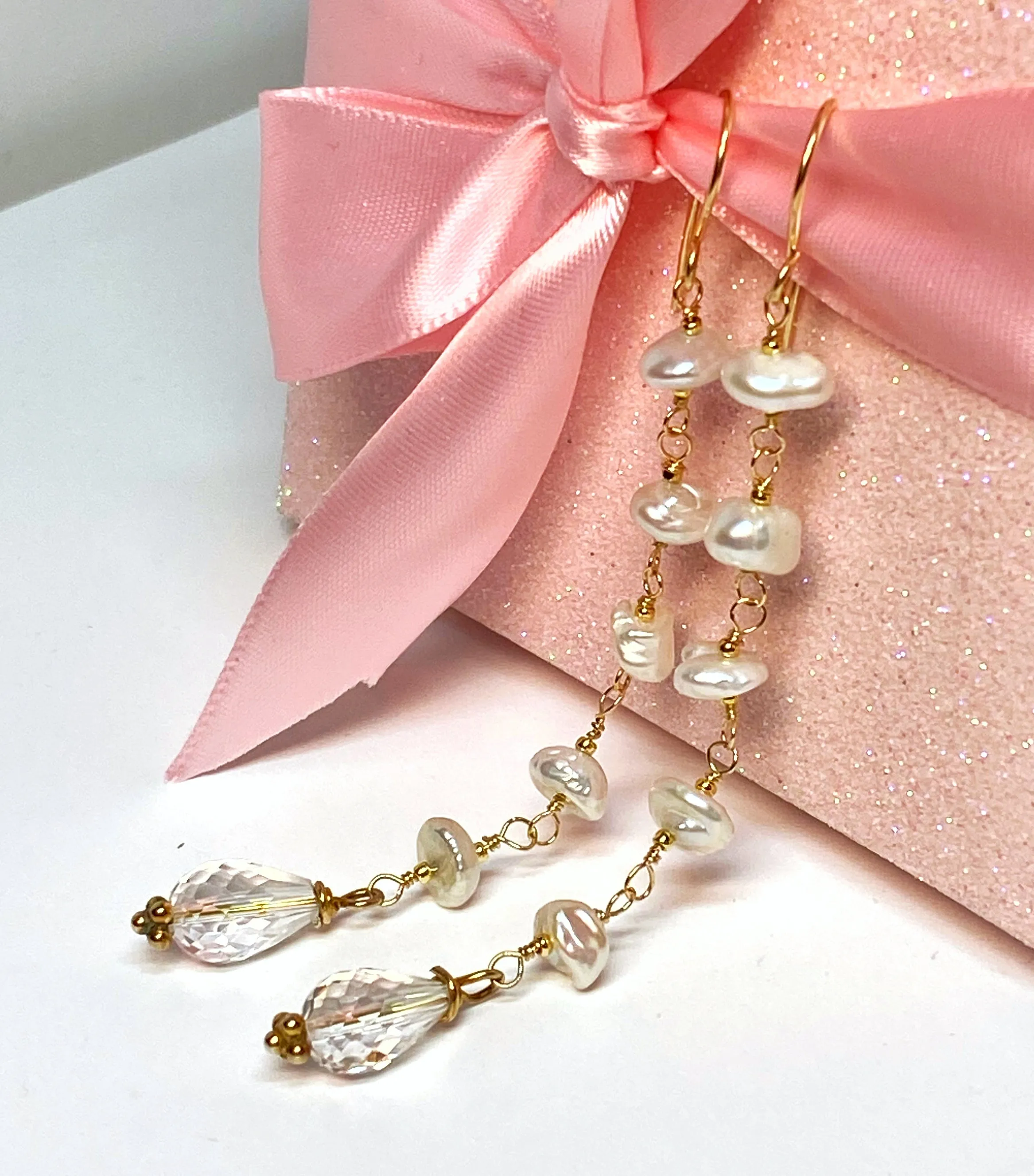 Crystal Quartz Dangle Earrings, Long Shoulder Duster Earrings with Keishi Pearls