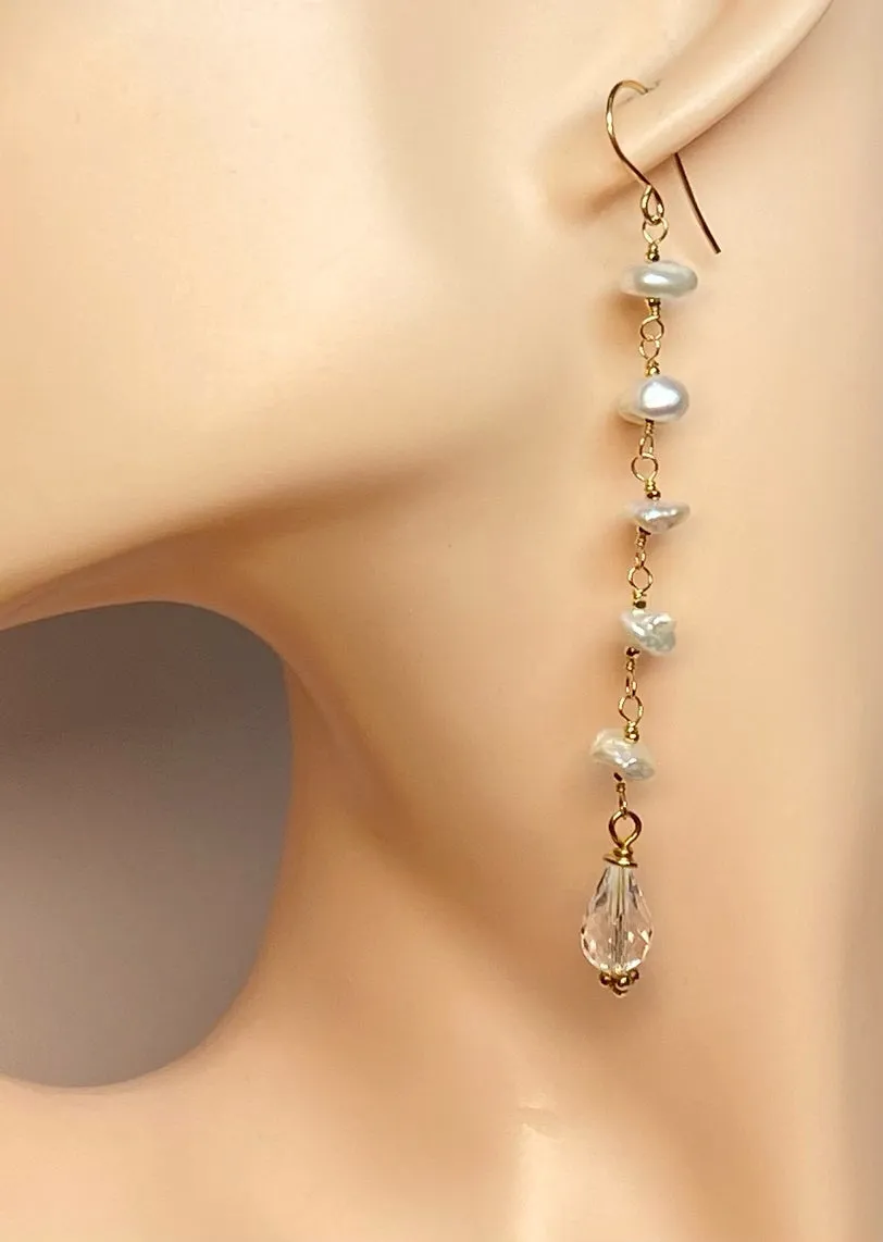 Crystal Quartz Dangle Earrings, Long Shoulder Duster Earrings with Keishi Pearls