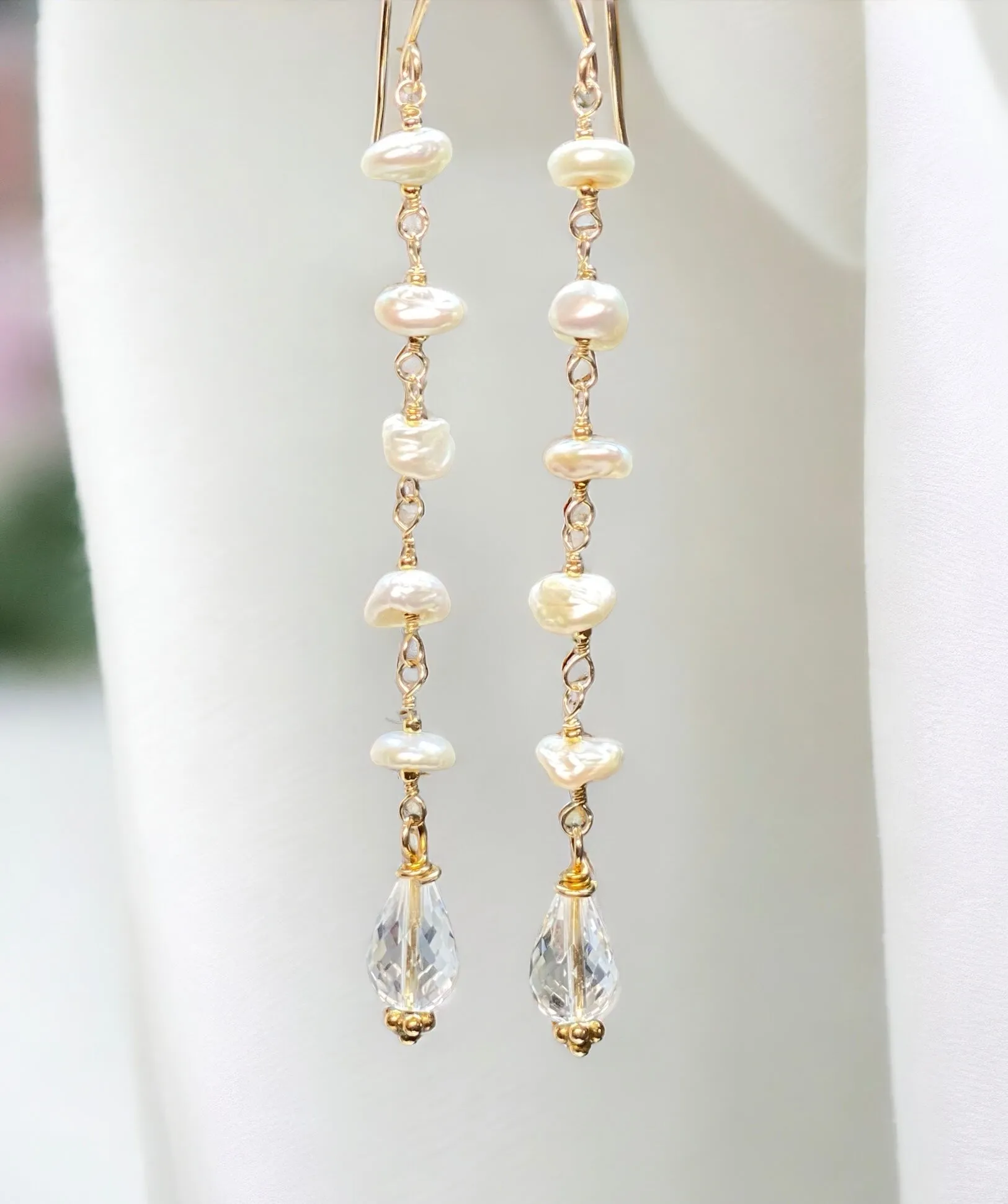 Crystal Quartz Dangle Earrings, Long Shoulder Duster Earrings with Keishi Pearls