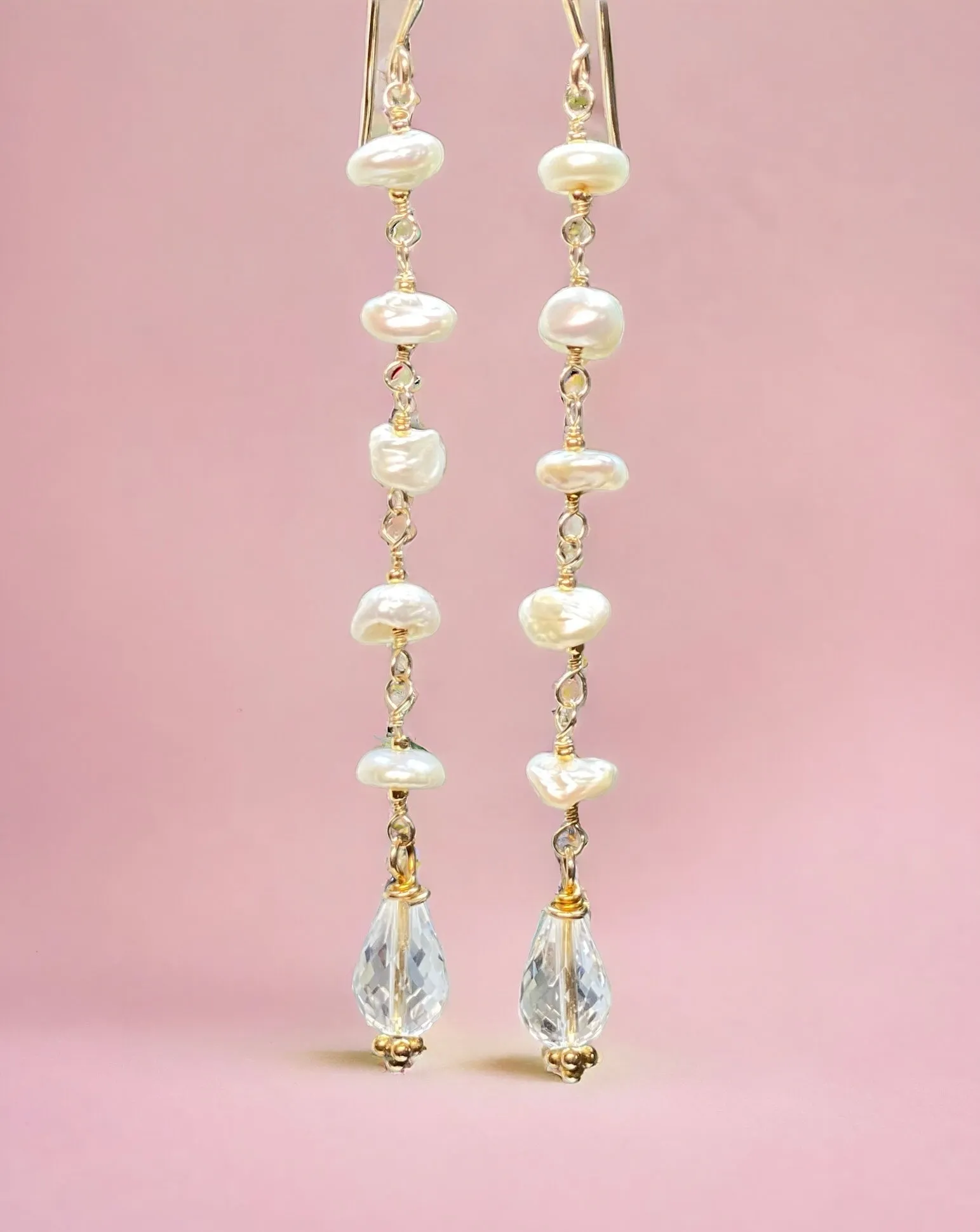 Crystal Quartz Dangle Earrings, Long Shoulder Duster Earrings with Keishi Pearls