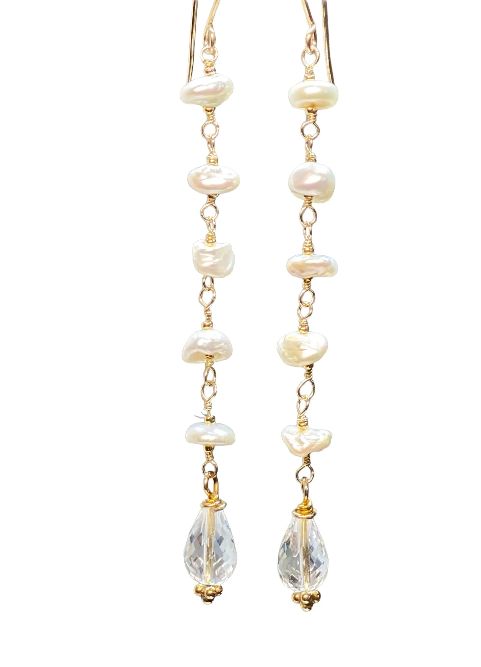 Crystal Quartz Dangle Earrings, Long Shoulder Duster Earrings with Keishi Pearls
