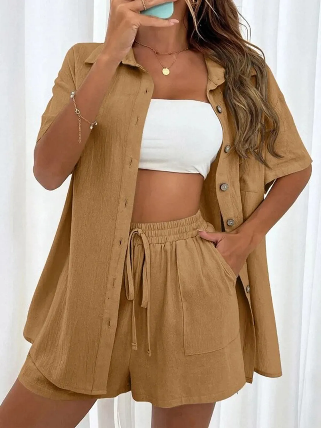 Demi Button Up Shirt and Drawstring Shorts Set