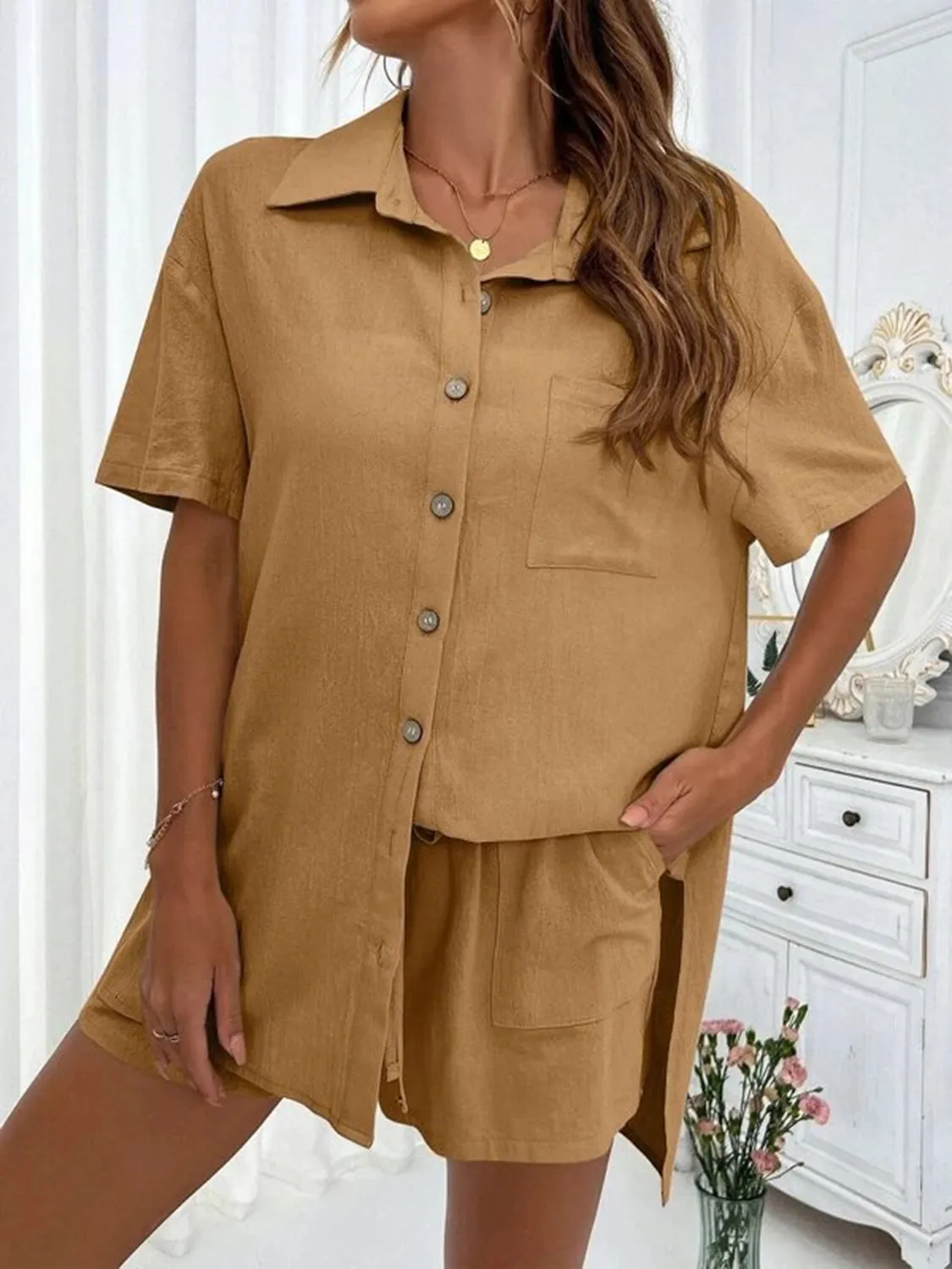 Demi Button Up Shirt and Drawstring Shorts Set