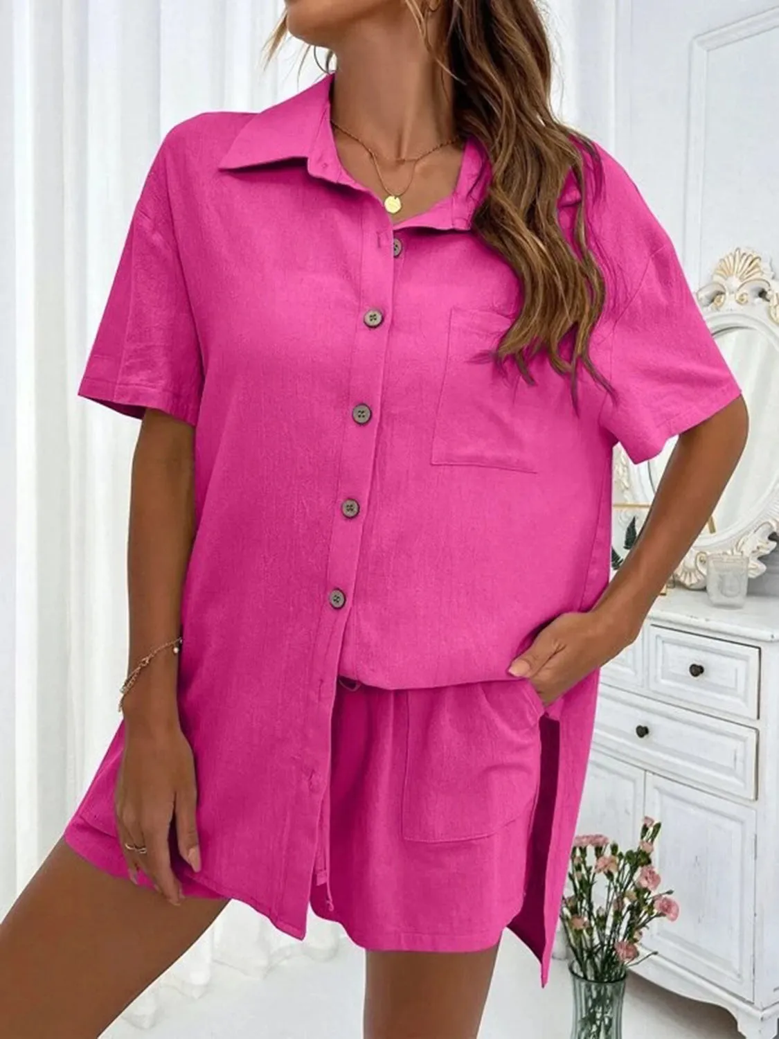 Demi Button Up Shirt and Drawstring Shorts Set