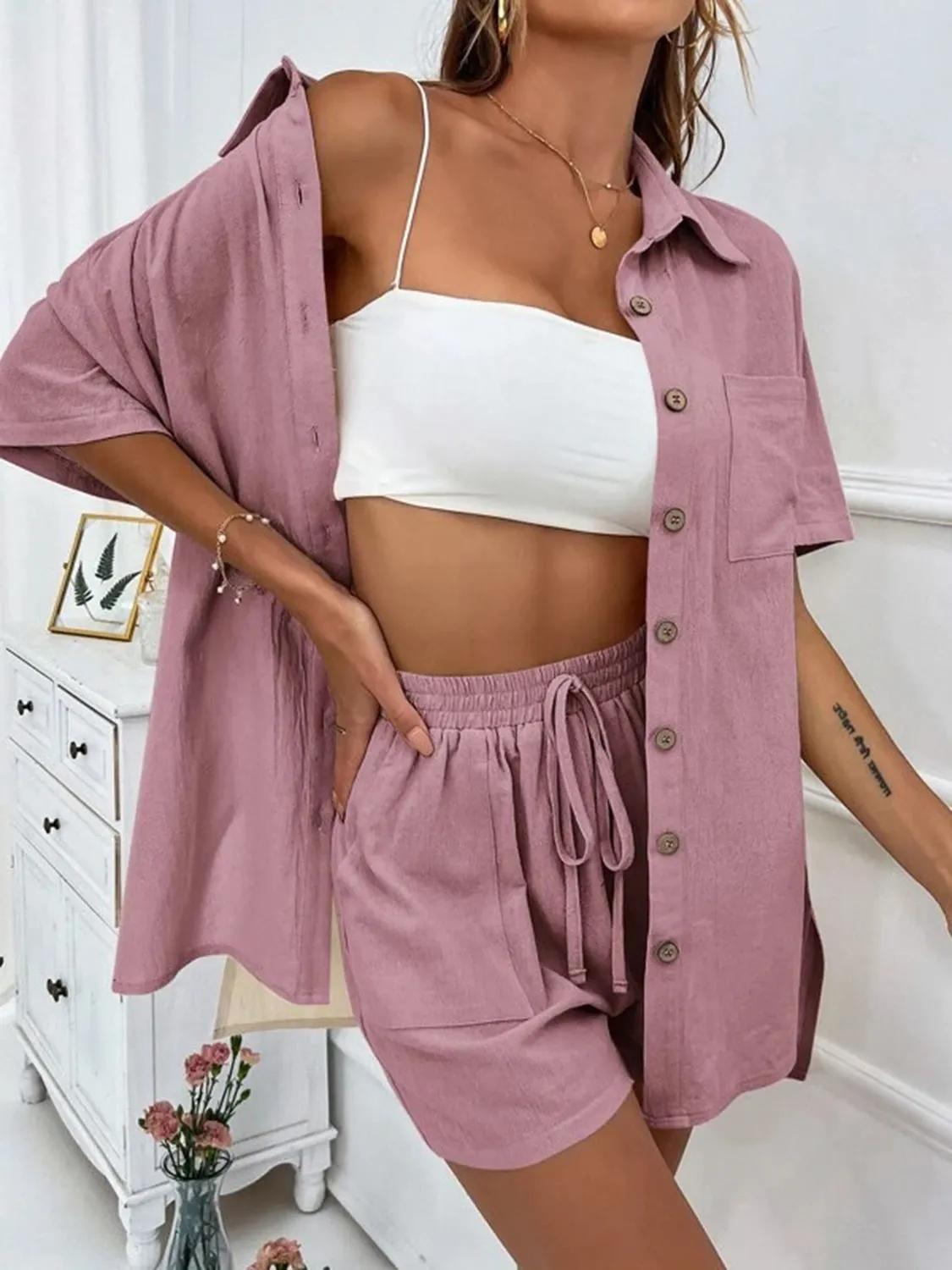 Demi Button Up Shirt and Drawstring Shorts Set