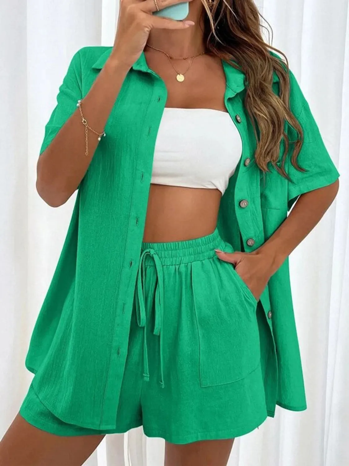 Demi Button Up Shirt and Drawstring Shorts Set