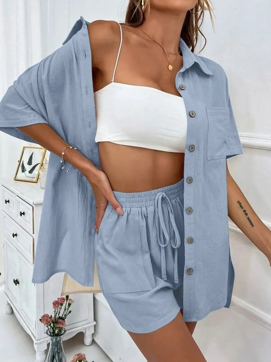 Demi Button Up Shirt and Drawstring Shorts Set