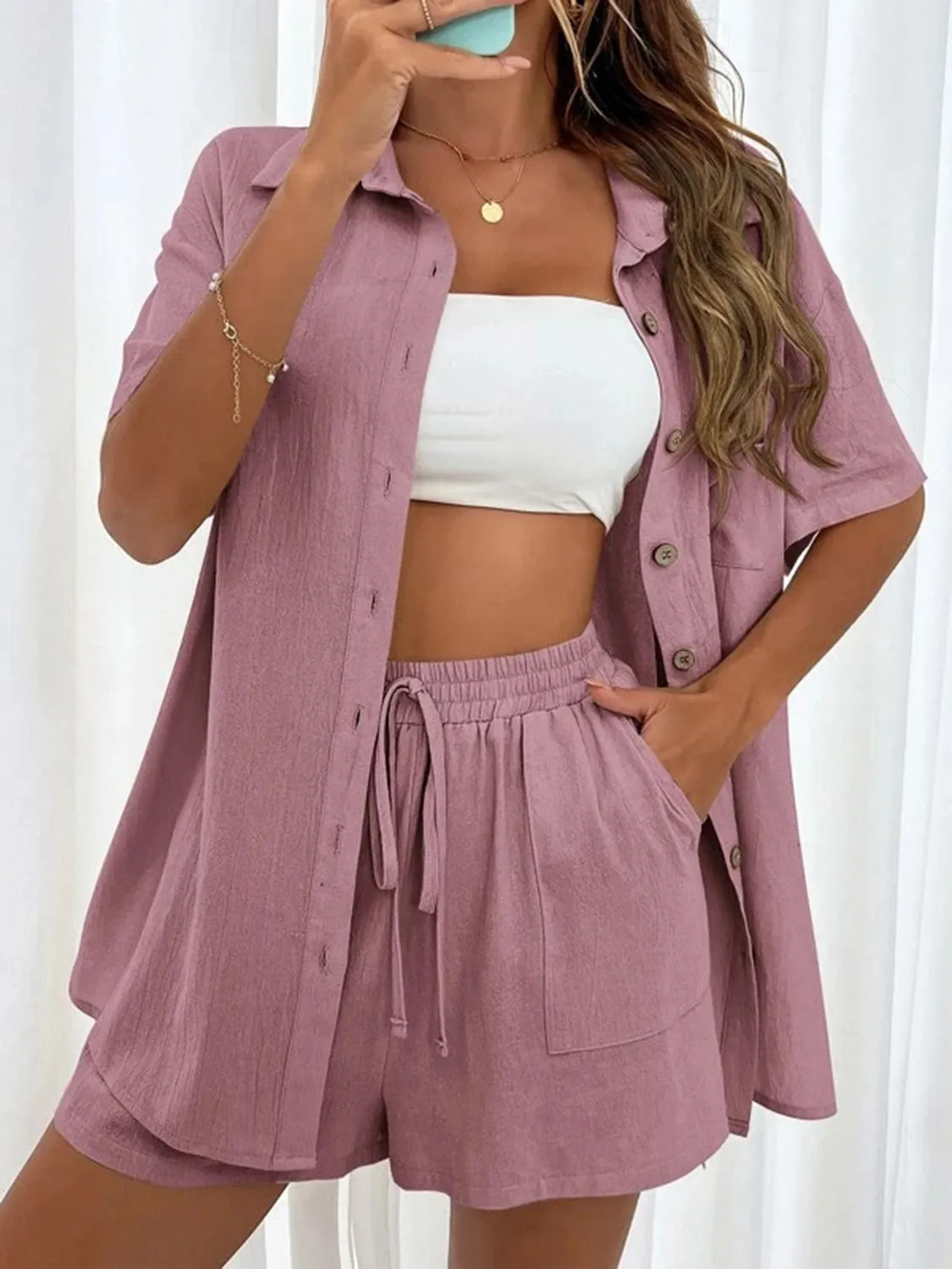 Demi Button Up Shirt and Drawstring Shorts Set