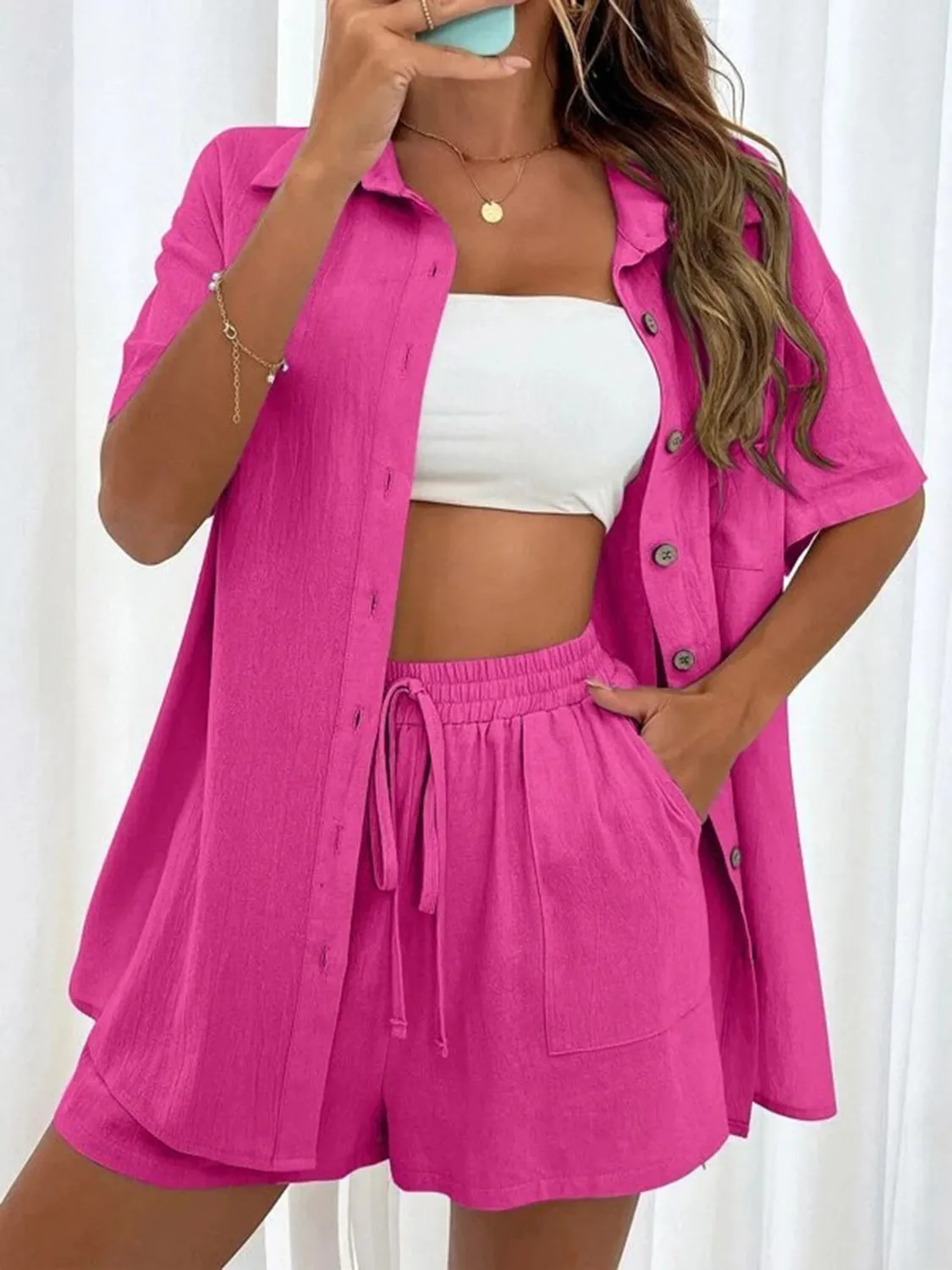 Demi Button Up Shirt and Drawstring Shorts Set