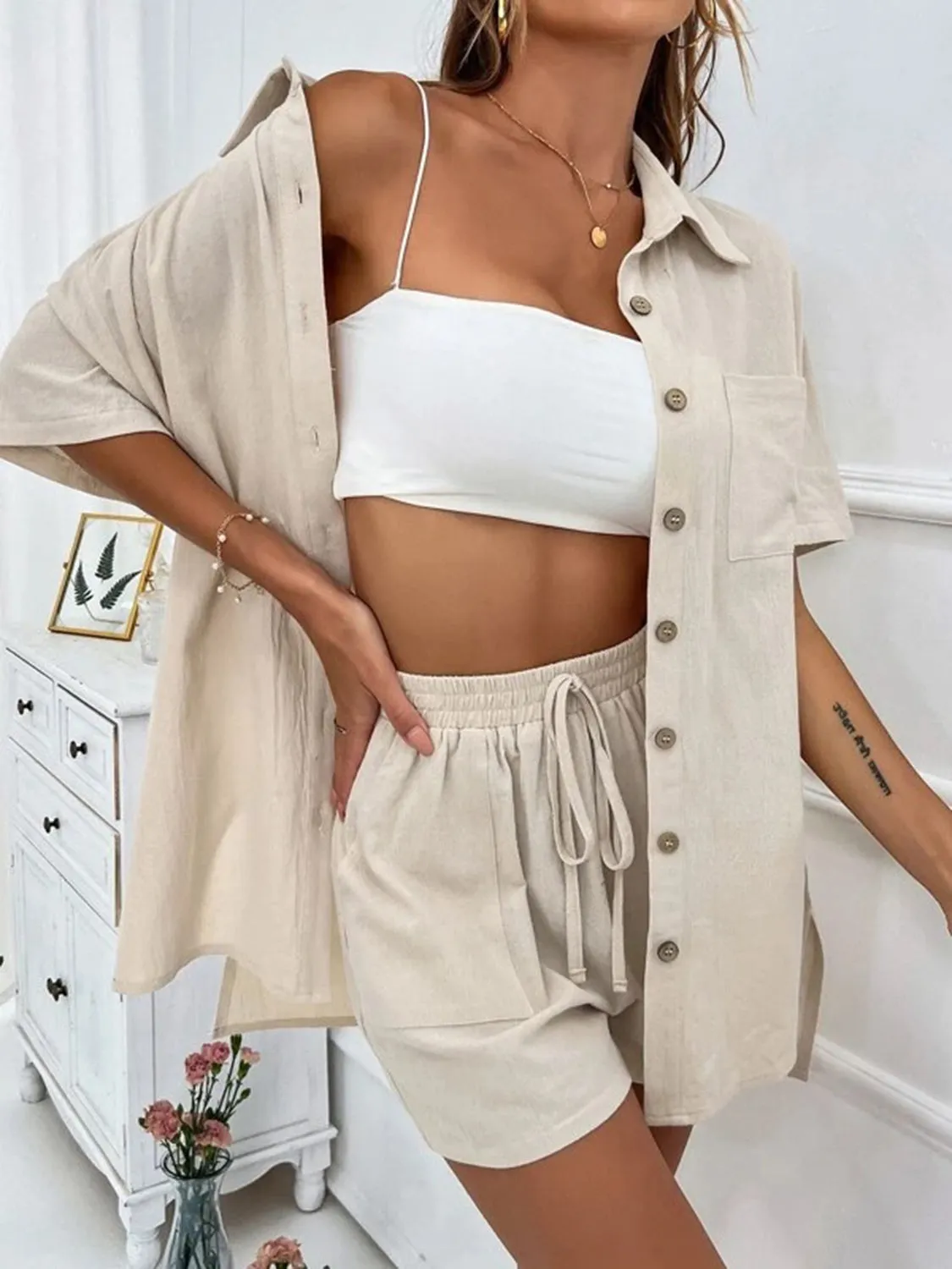 Demi Button Up Shirt and Drawstring Shorts Set