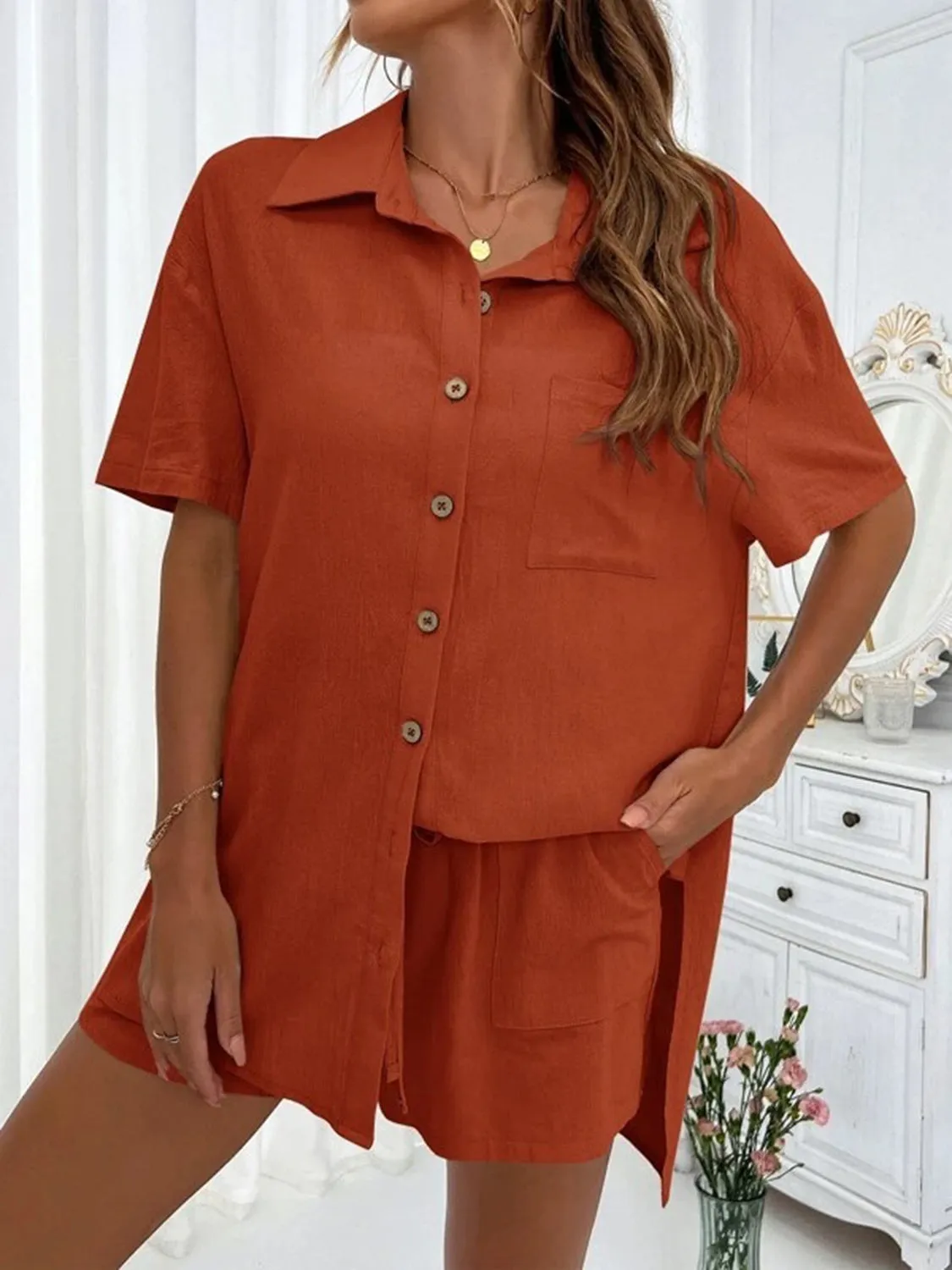 Demi Button Up Shirt and Drawstring Shorts Set