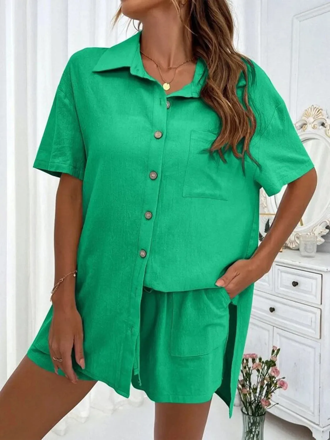 Demi Button Up Shirt and Drawstring Shorts Set