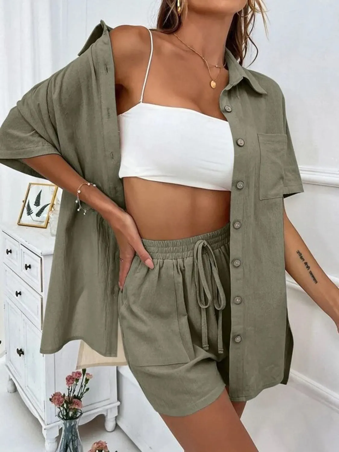 Demi Button Up Shirt and Drawstring Shorts Set