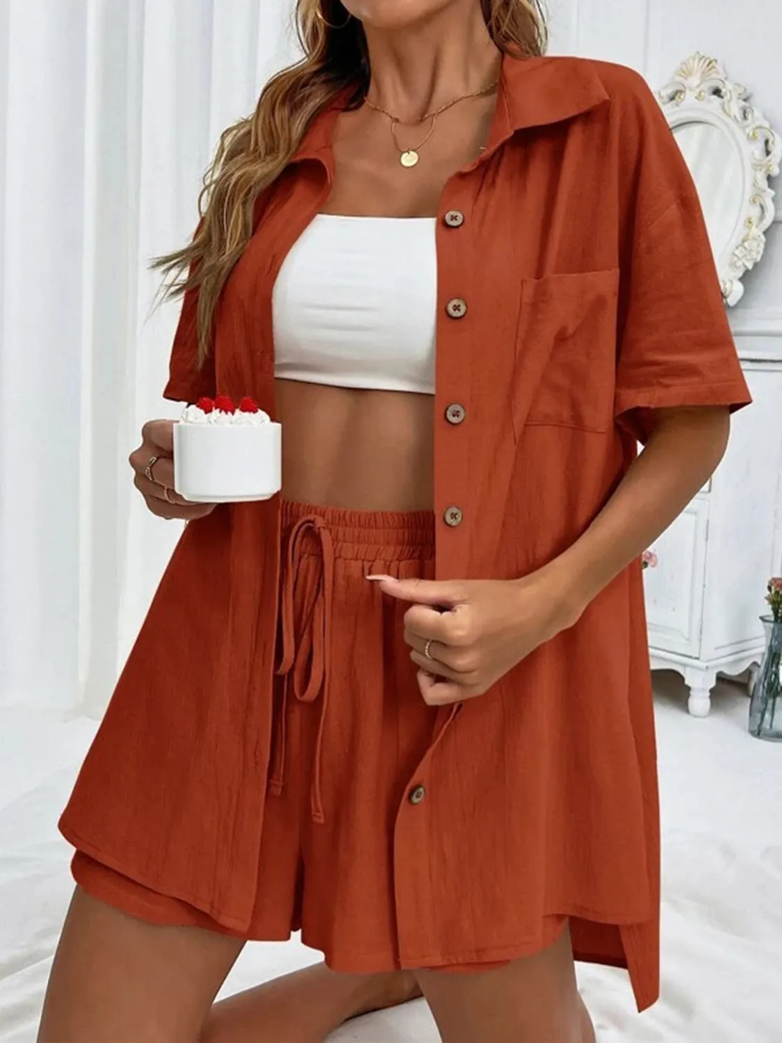 Demi Button Up Shirt and Drawstring Shorts Set
