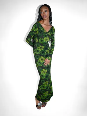 Drapped Long Sleeve Dress in Green Floral Jersey