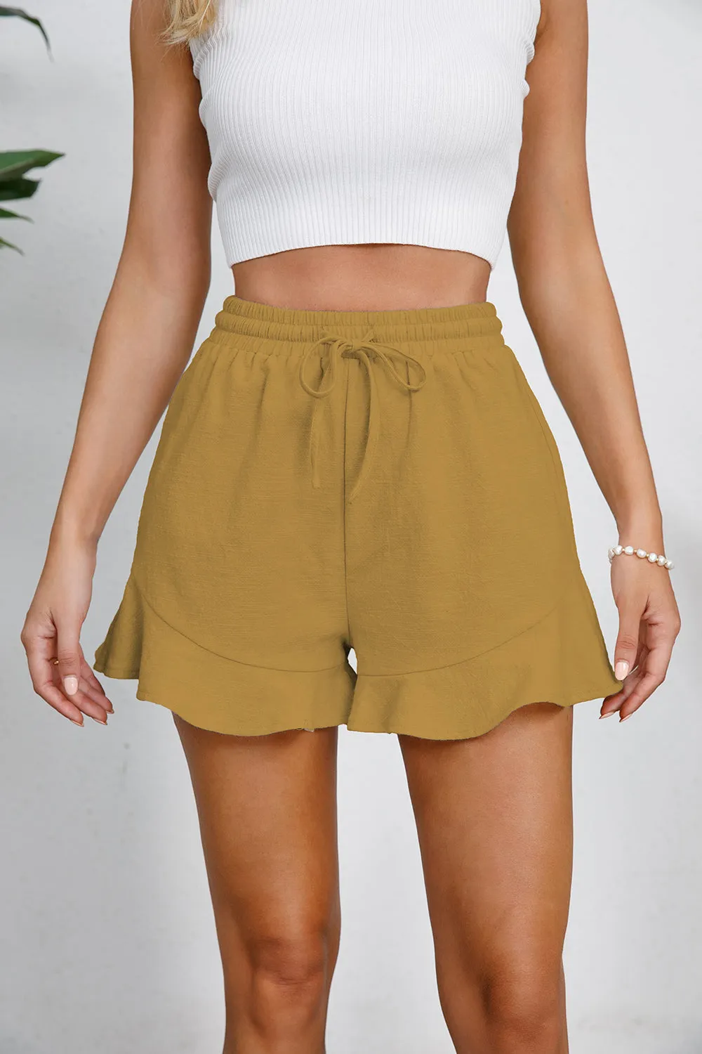 Drawstring Ruffle Hem Shorts
