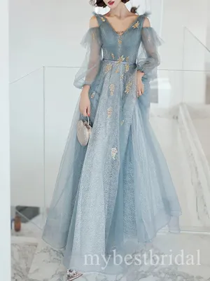 Dreaming V-neck Long Sleeves A-line Long Prom Dress,PDS11692
