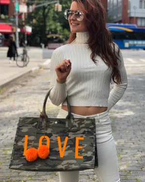 East-West Bag - Green Camo with Neon Orange LOVE   free Orange Pom poms