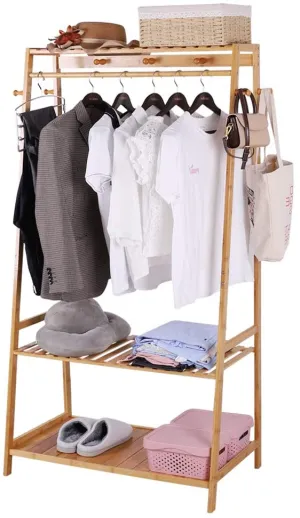 Eco 100% Bamboo Wood |  Freestanding Clothes Rack with 3 Shelves & 10 Hooks  | Natural | 1.65m High