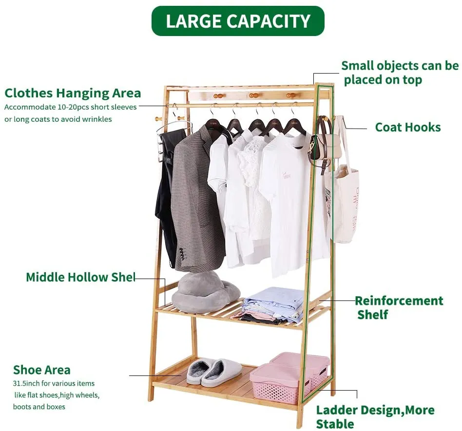 Eco 100% Bamboo Wood |  Freestanding Clothes Rack with 3 Shelves & 10 Hooks  | Natural | 1.65m High