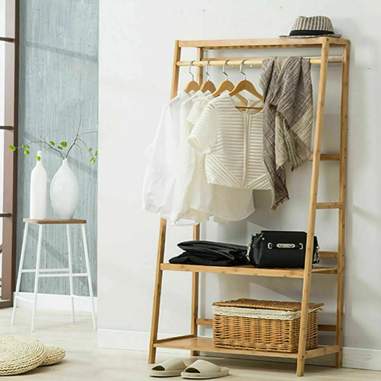Eco 100% Bamboo Wood |  Freestanding Clothes Rack with 3 Shelves & 10 Hooks  | Natural | 1.65m High