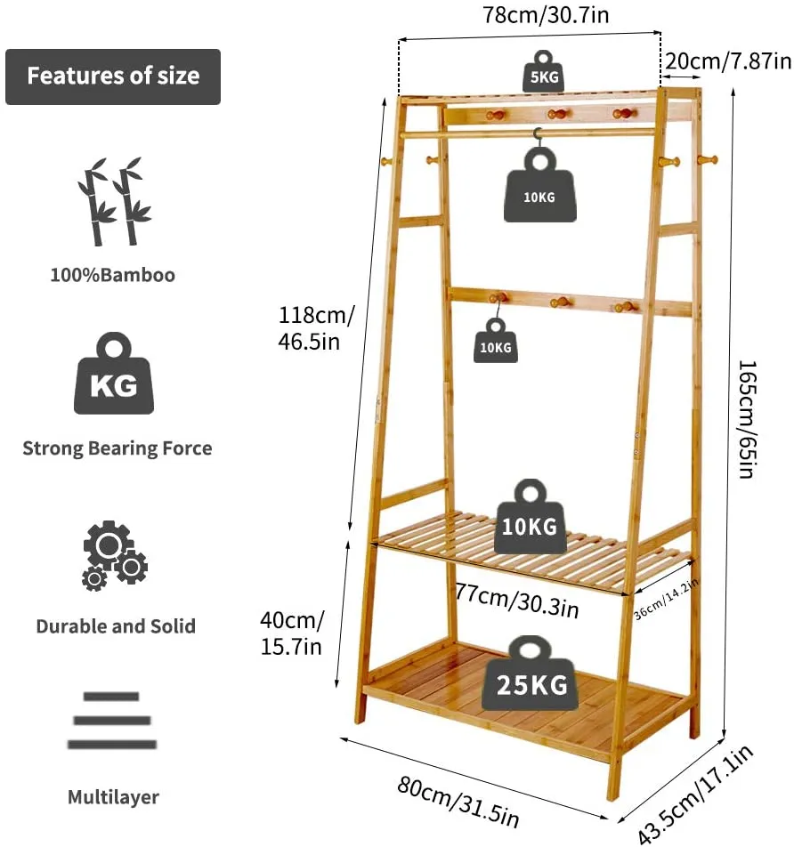 Eco 100% Bamboo Wood |  Freestanding Clothes Rack with 3 Shelves & 10 Hooks  | Natural | 1.65m High