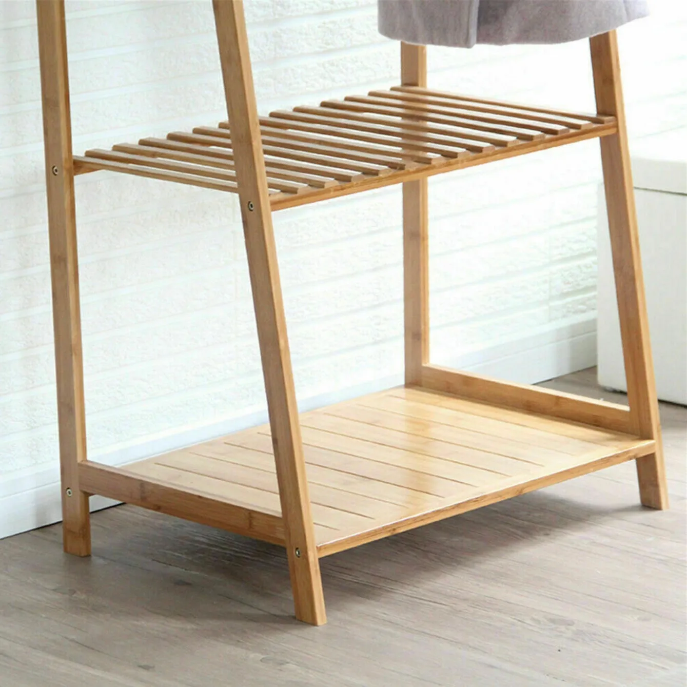 Eco 100% Bamboo Wood |  Freestanding Clothes Rack with 3 Shelves & 10 Hooks  | Natural | 1.65m High