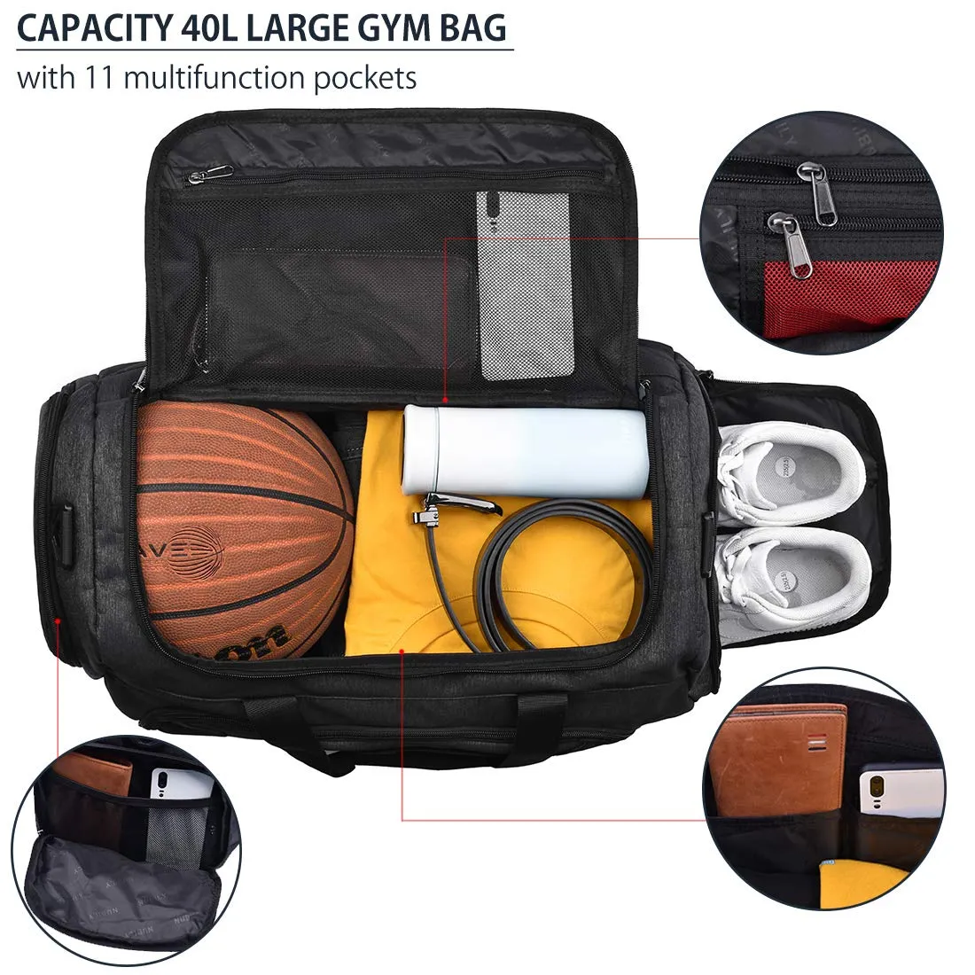 Gym Duffle Bag Waterproof Large Sports Bags Travel Duffel Bags with Shoes Compartment Weekender Overnight Bag Men Women 40L Black