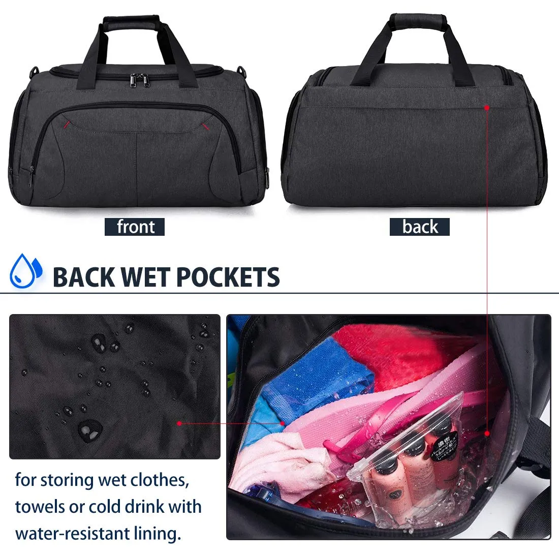 Gym Duffle Bag Waterproof Large Sports Bags Travel Duffel Bags with Shoes Compartment Weekender Overnight Bag Men Women 40L Black