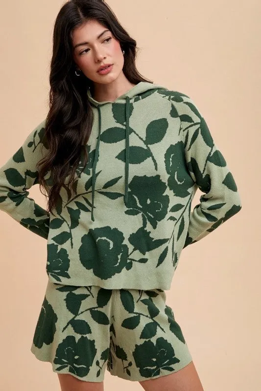 Hazel Blues® |  Annie Wear Flower Pattern Drawstring Hooded Top and Shorts Sweater Set