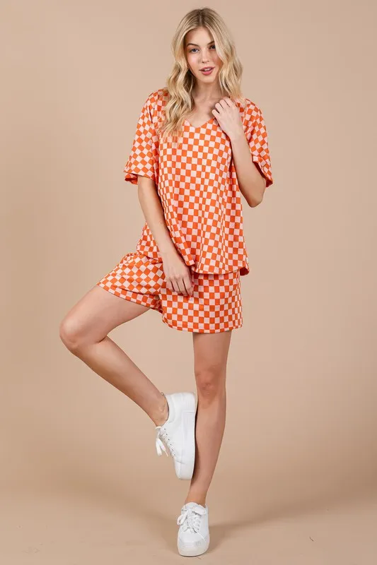Hazel Blues® |  Ces Femme Checkered Round Neck Top and Shorts Set